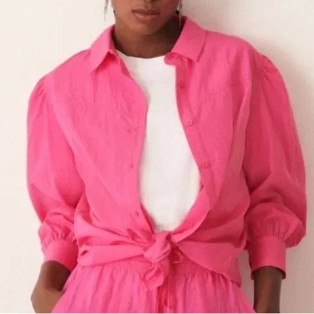 BA&SH Bright Pink Button-Front Puff-Sleeve Shirt
